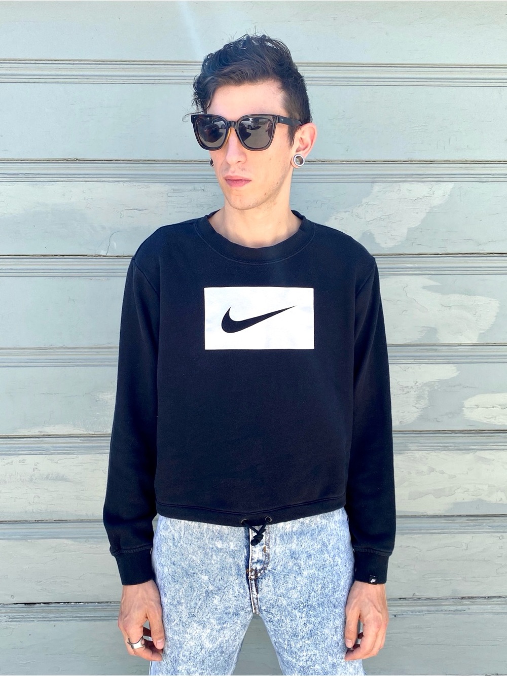Nike Black Crewneck Sweatshirt with Adjustable Drawstring Waist Swoosh Logo